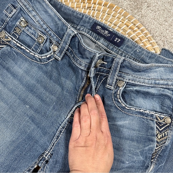 Miss Me Chloe Slim Boot Cut Jeans Mid Rise Border Stitch Flap Pockets Blue 27 - Picture 8 of 16